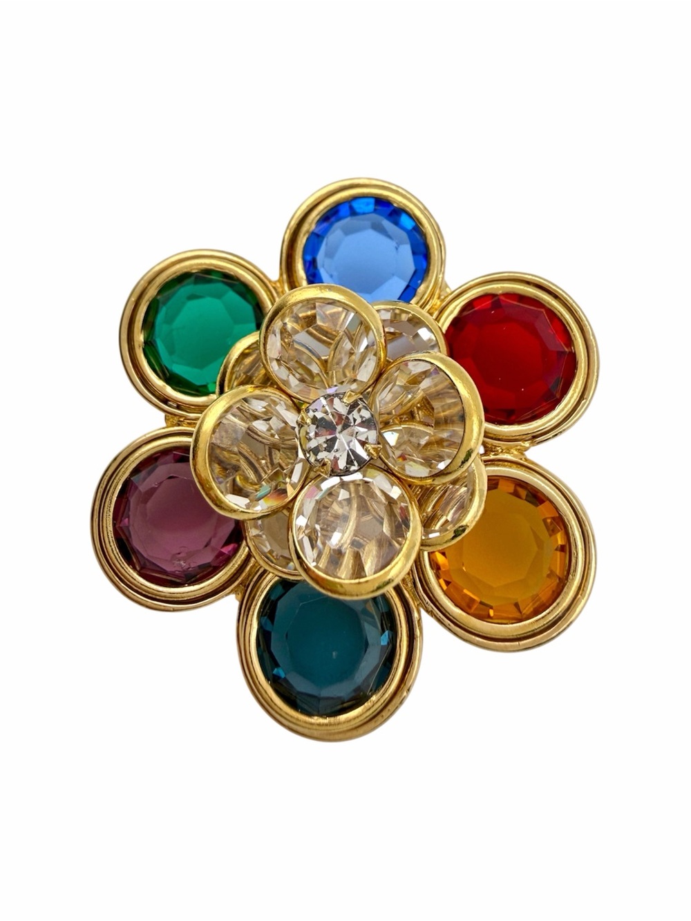 Vintage Multicolor Crystal Flower Brooch Gold Tone Jewel Tone Statement Pin